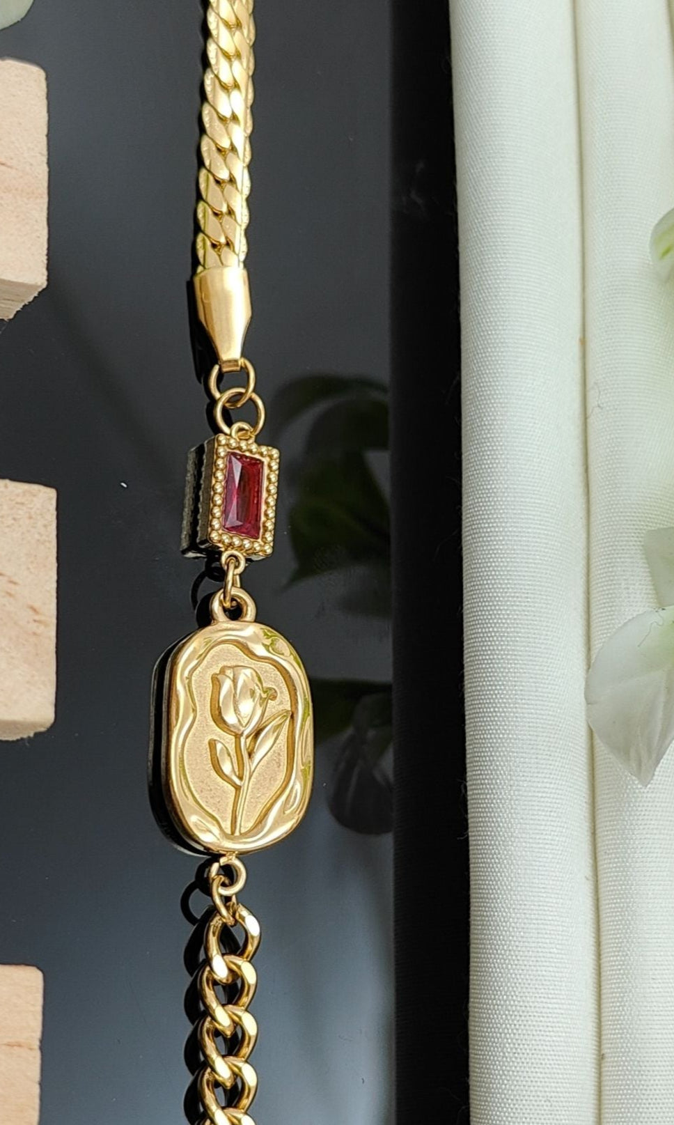 Gold Chain Flower & Red Beryl Bracelet