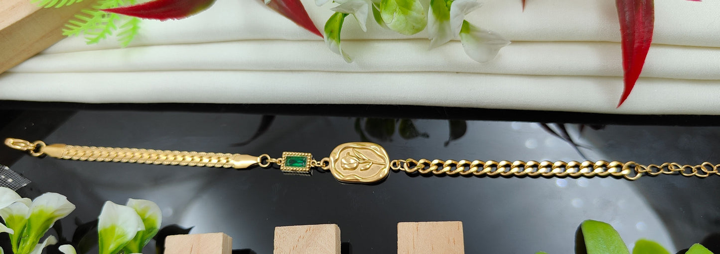 Gold Chain Flower & Green Emerald Bracelet