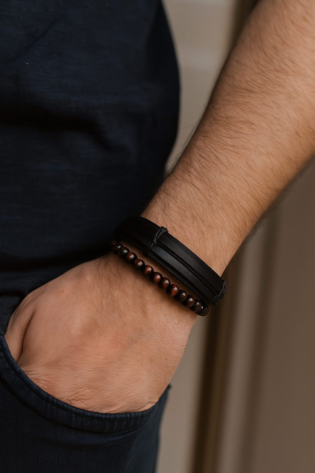 Broad Leather & Beads Twining Band