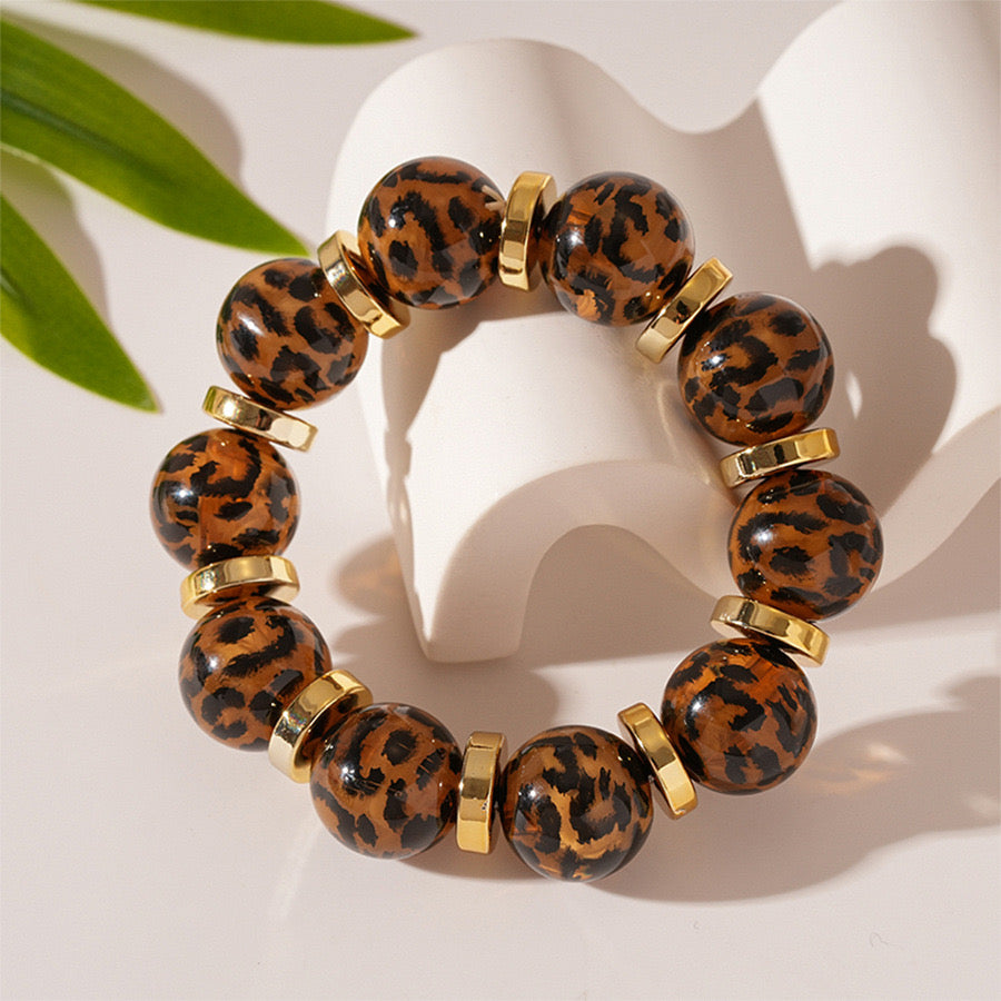 Brown leopard pattern beaded bracelet