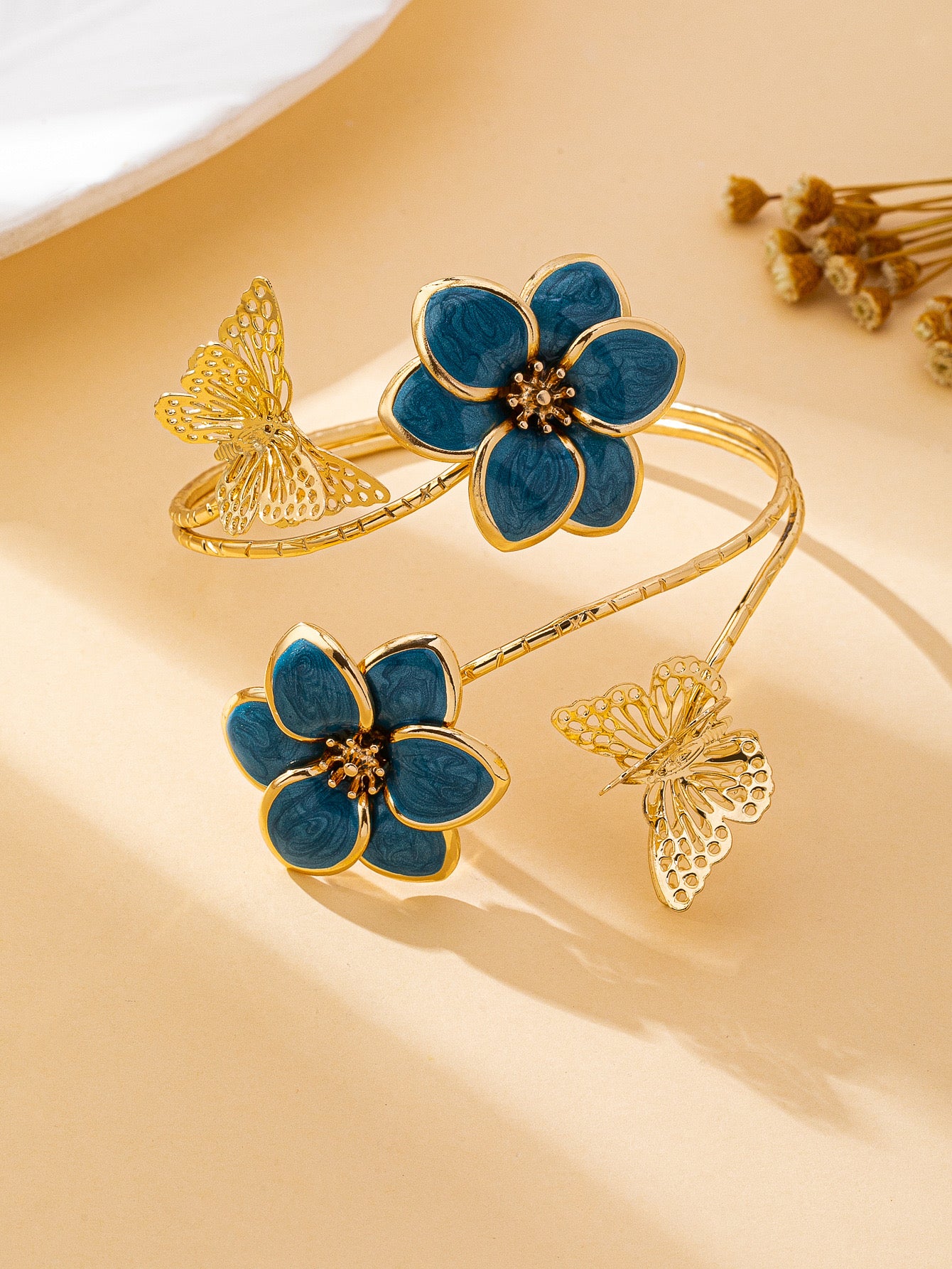 Blue Floral Butterfly Open Heart Bracelet