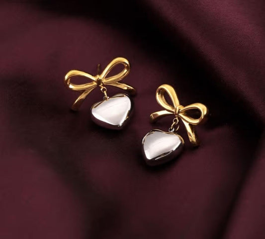 Bow Heart Silver & Gold Earrings