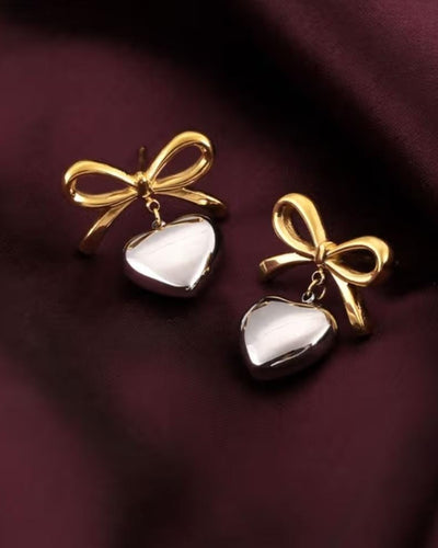Bow Heart Silver & Gold Earrings