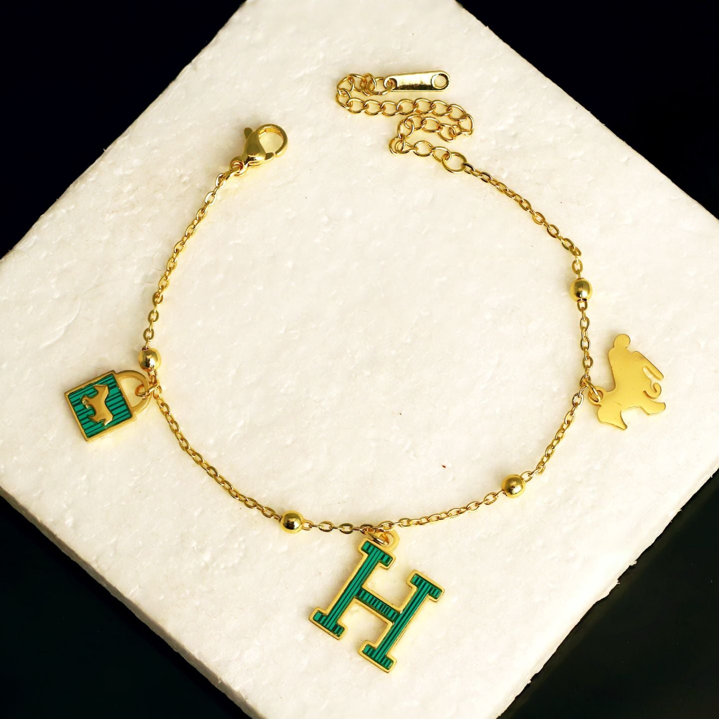 Green Letter Charm Chain Bracelet