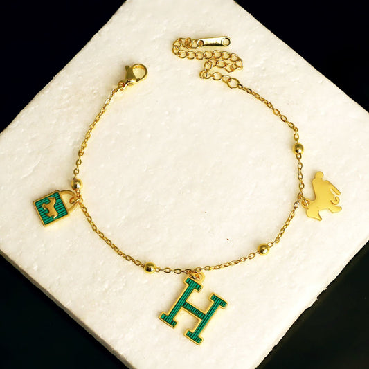 Green Letter Charm Chain Bracelet