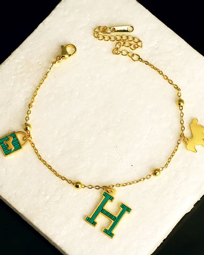 Green Letter Charm Chain Bracelet