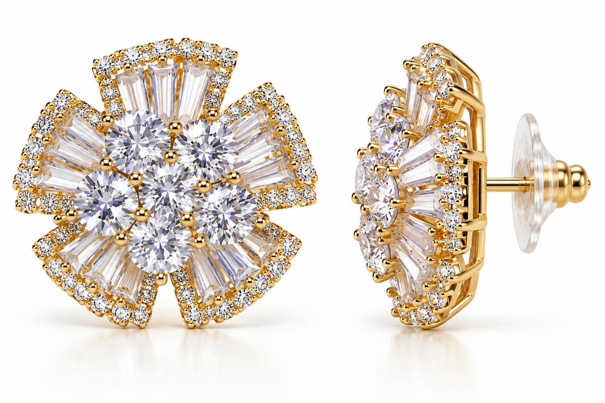 Golden Bloom Crystal Floral Stud Earrings