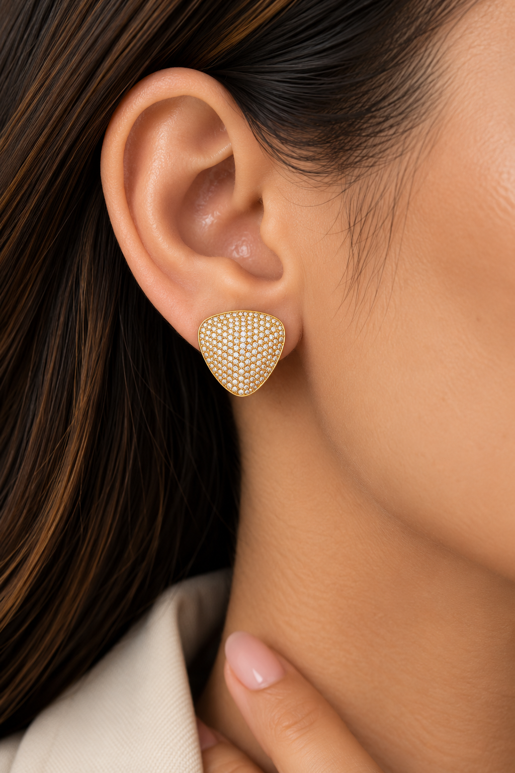 Golden Crystal Shield Stud Earrings