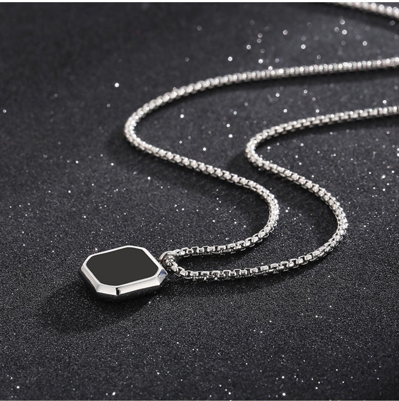 Black Marble Pendant Long Silver Chain