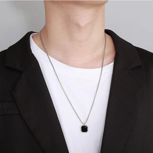 Black Marble Pendant Long Silver Chain
