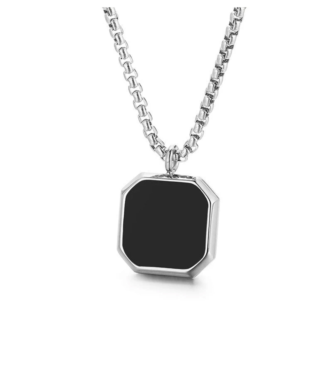 Black Marble Pendant Long Silver Chain
