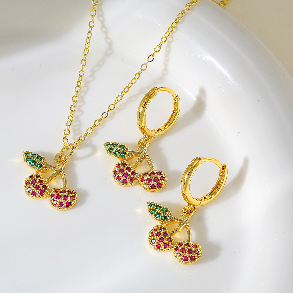 18k Gold Plated Copper Zircon Cherry Set
