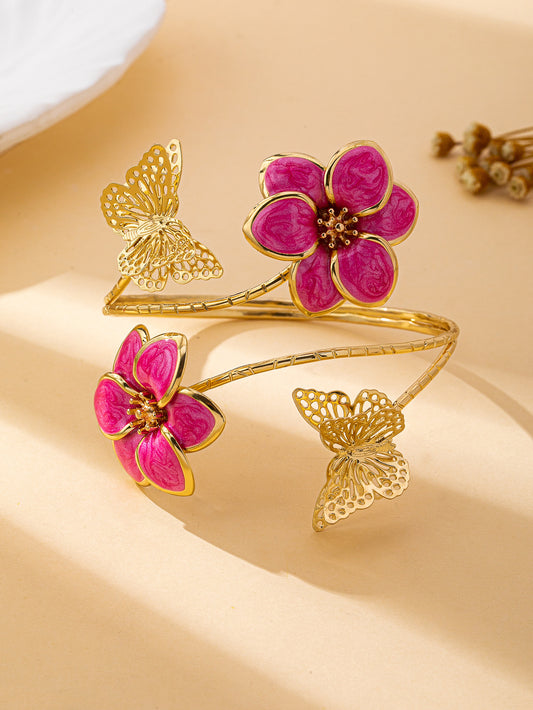 Pink Floral Butterfly Open Heart Bracelet