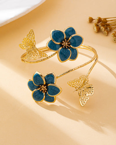 Blue Floral Butterfly Open Heart Bracelet